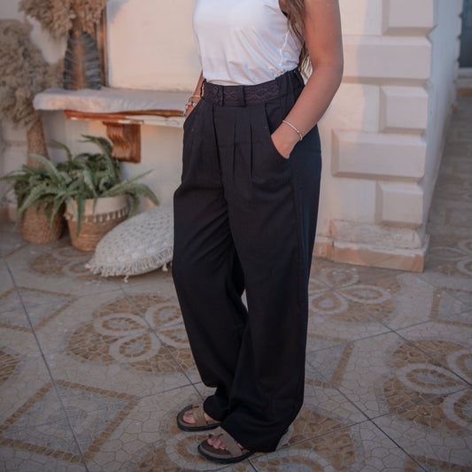 Embroidered Waist Wide-Leg Pants