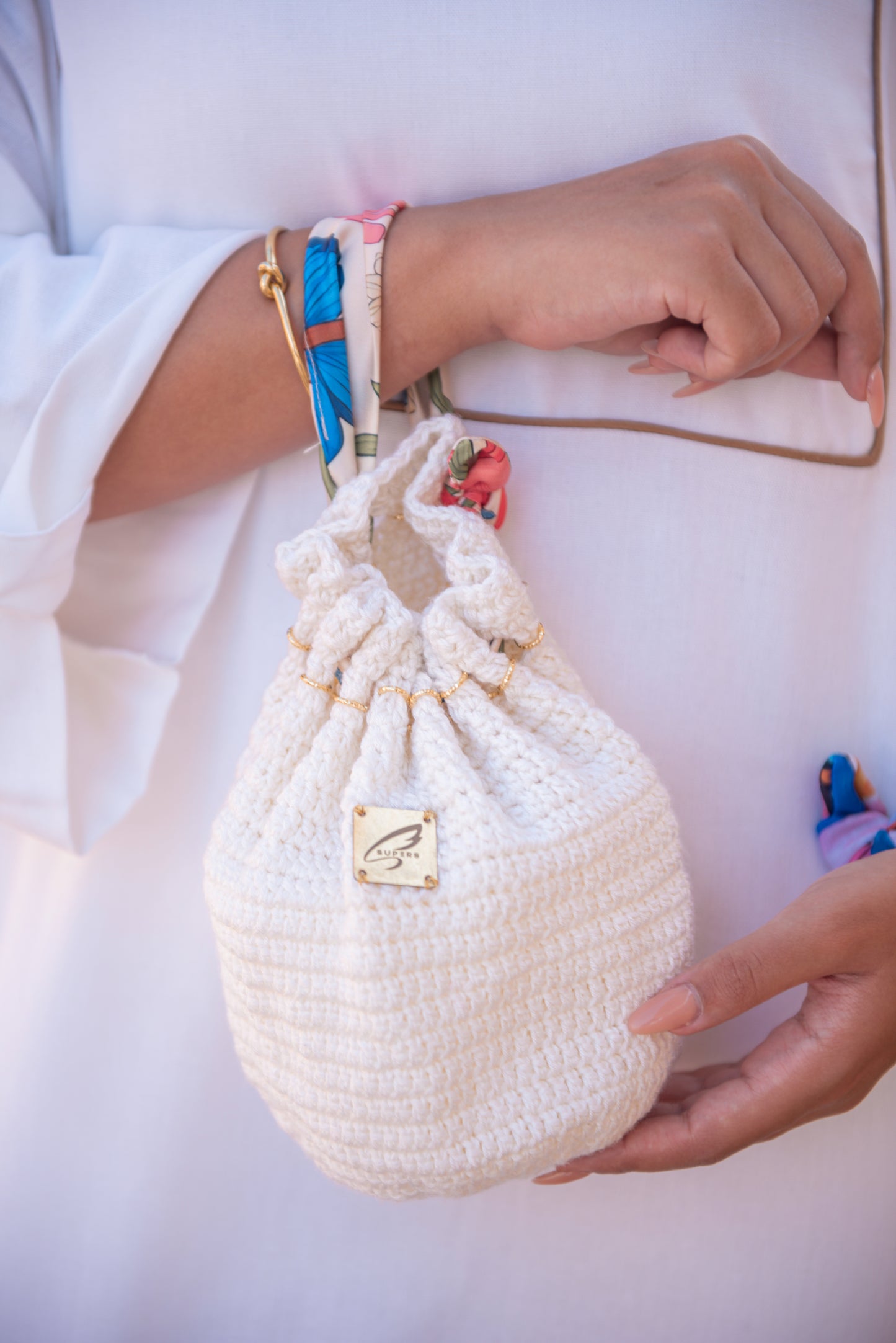 Off White Crochet Bucket Bag