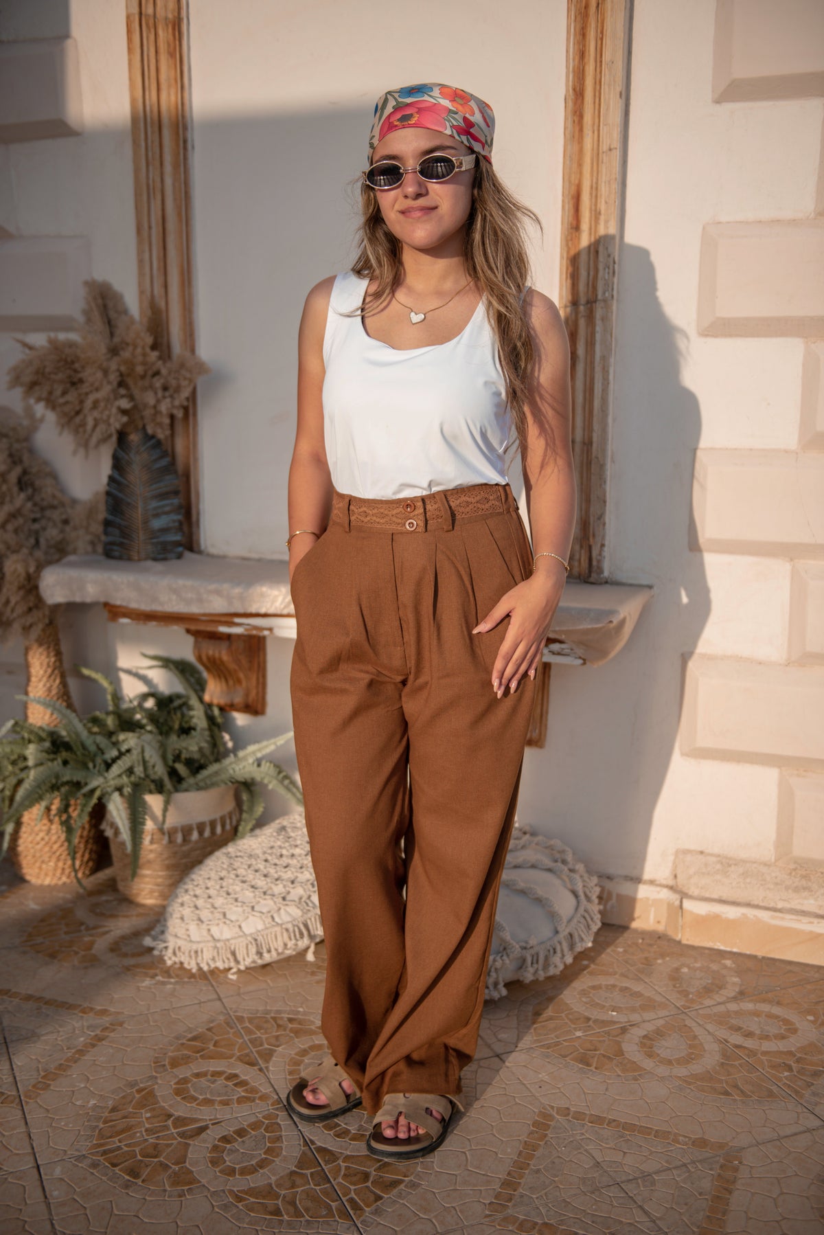 Embroidered Waist Wide-Leg Pants