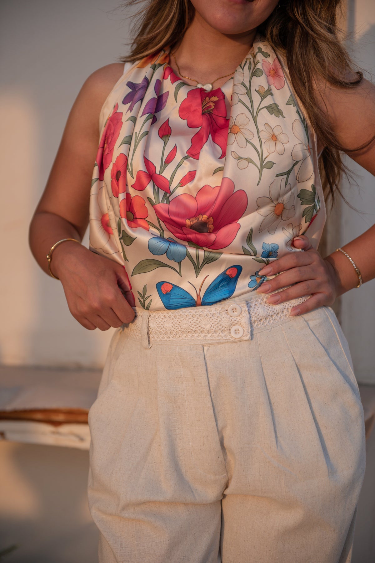 Embroidered Waist Wide-Leg Pants