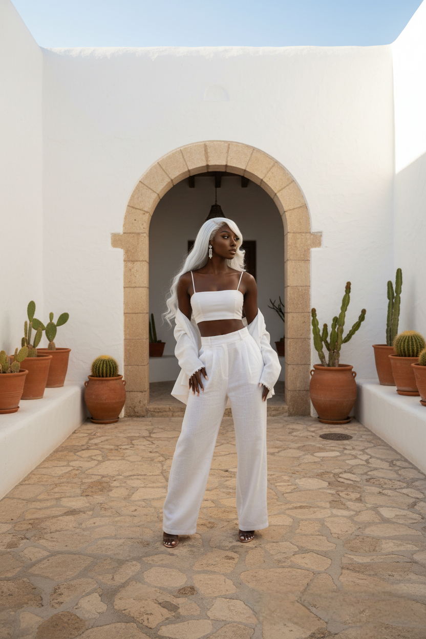 White pure linen pants