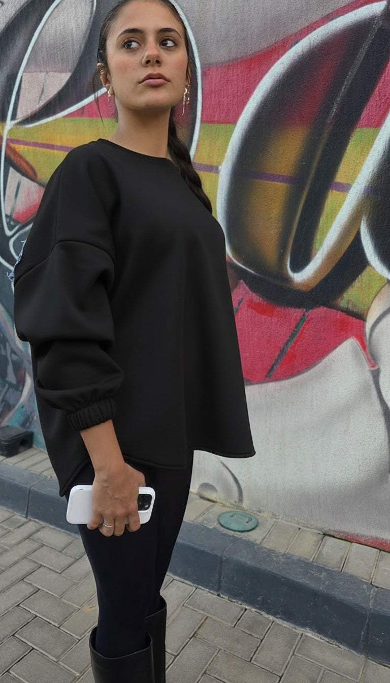 Black Denim Patchback Sweatshirt