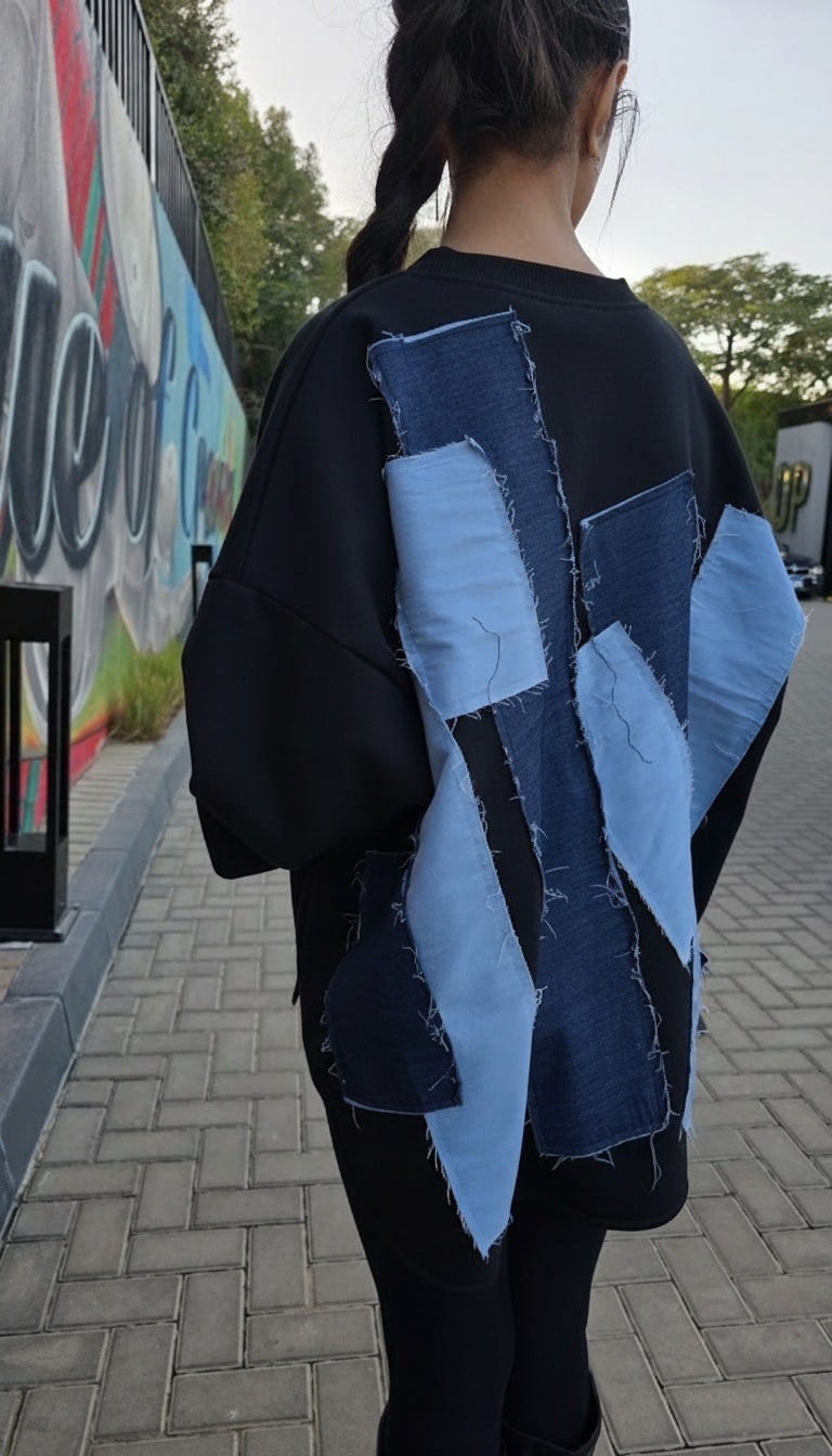 Black Denim Patchback Sweatshirt