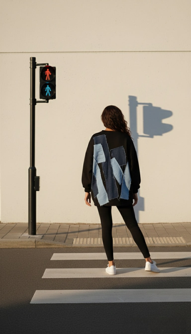 Black Denim Patchback Sweatshirt